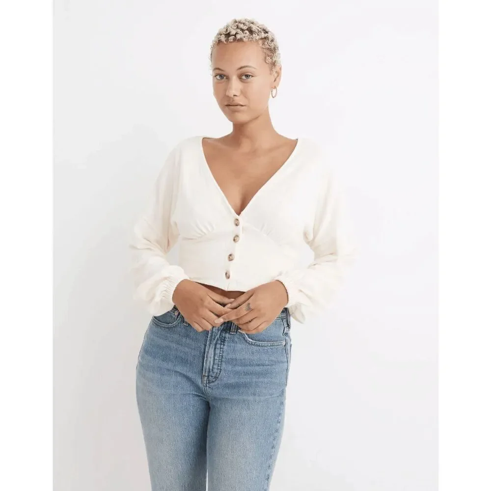 Madewell Antique Cream Deep-V Button-Front Crop Top Women's Size Small NWT
